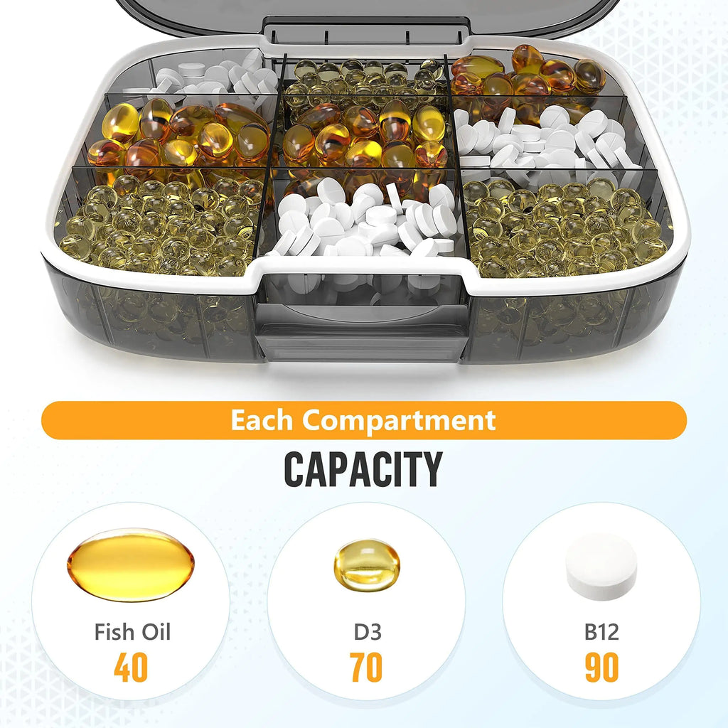 Extra Large Pill Organizer Medicine Case Black Pill Box Adjustable Compartment